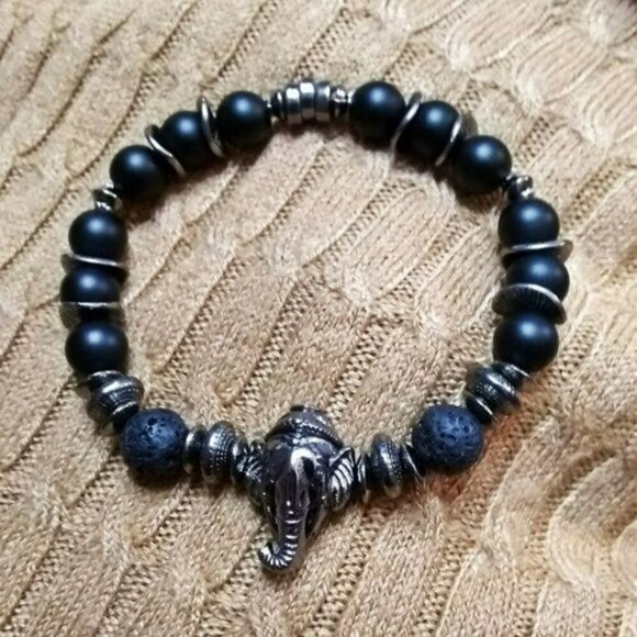 Gunmetal Black! 6.5" Black & Gray Elephant Bracelet - Lava Rock - Stone Beads - Picture 1 of 8
